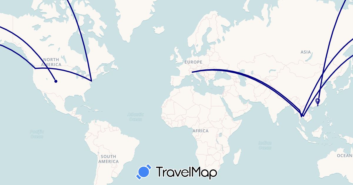 TravelMap itinerary: driving in China, Italy, Thailand, United States (Asia, Europe, North America)